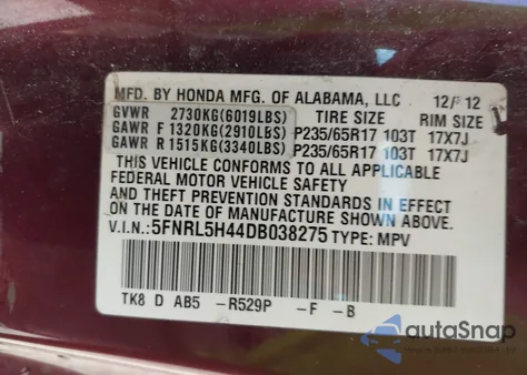 2013 Honda Odyssey Ex z USA, uszkodzony, nr VIN 5FNRL5H44DB038275